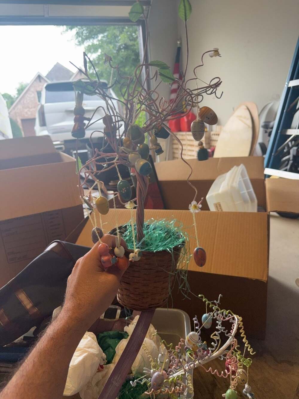 Vintage Easter Decorative Tabletop Tree with Hanging Ornaments and Basket Base